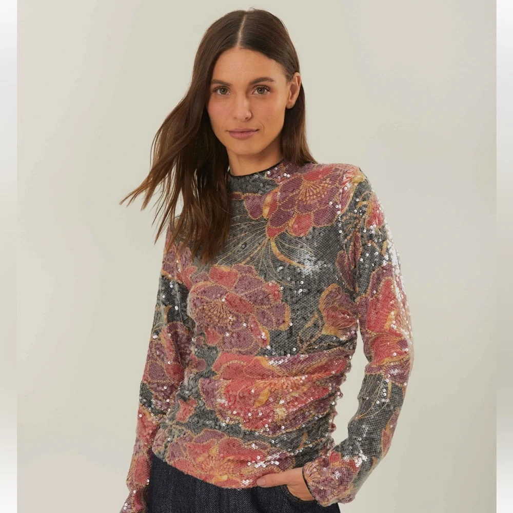 NWT Farm Rio Chita Tulle Black Flower Sequin Top - Picture 2 of 5